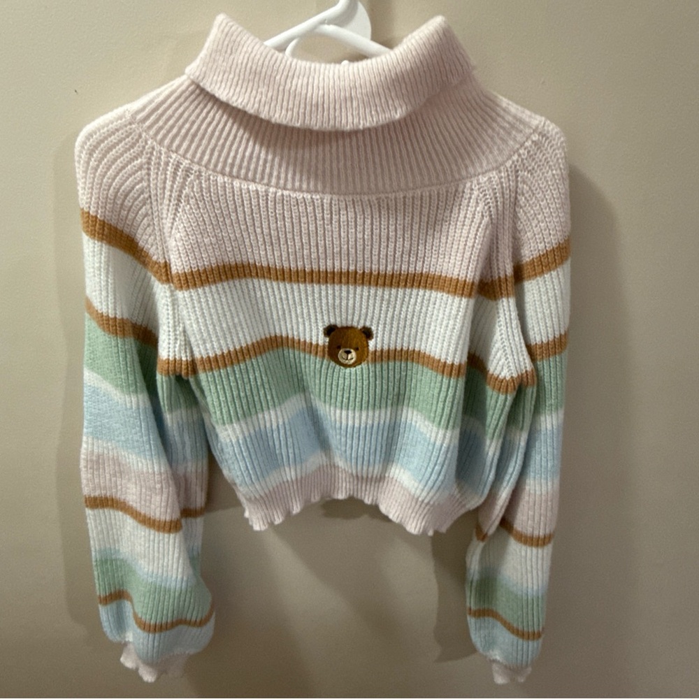 Striped Pastel Sweater with Bear Patch size Large